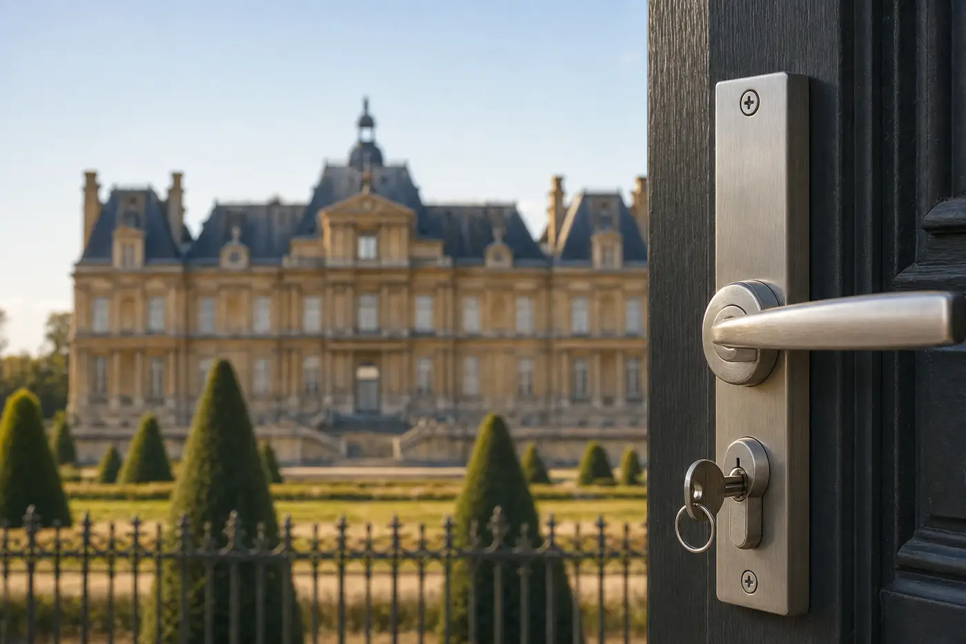 Poignée et cylindre de sécurité sur une porte d'entrée, château de Maisons en arrière-plan